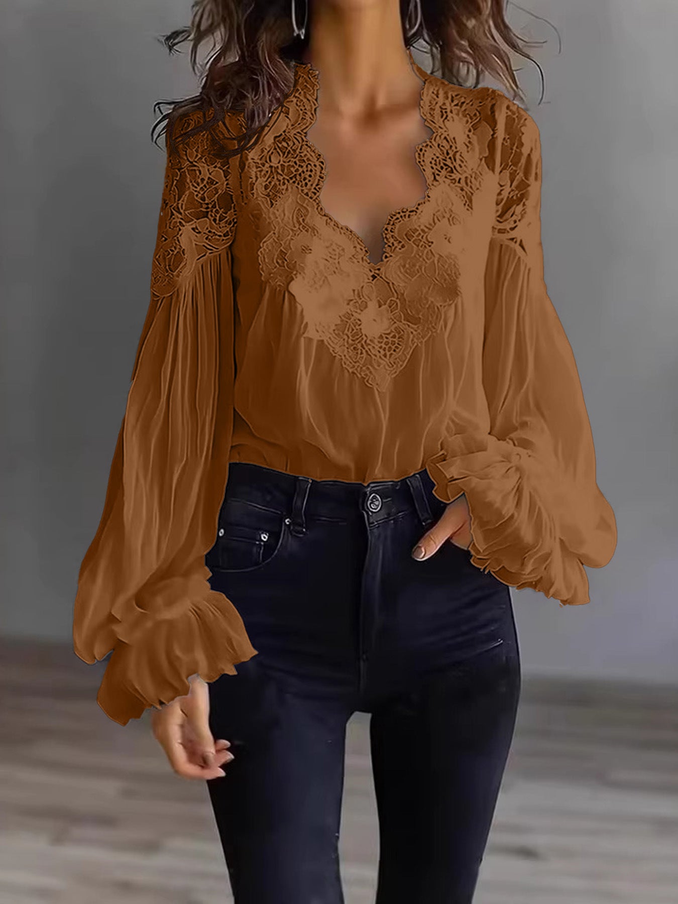 Lace Stitching Puff Sleeve Shirt