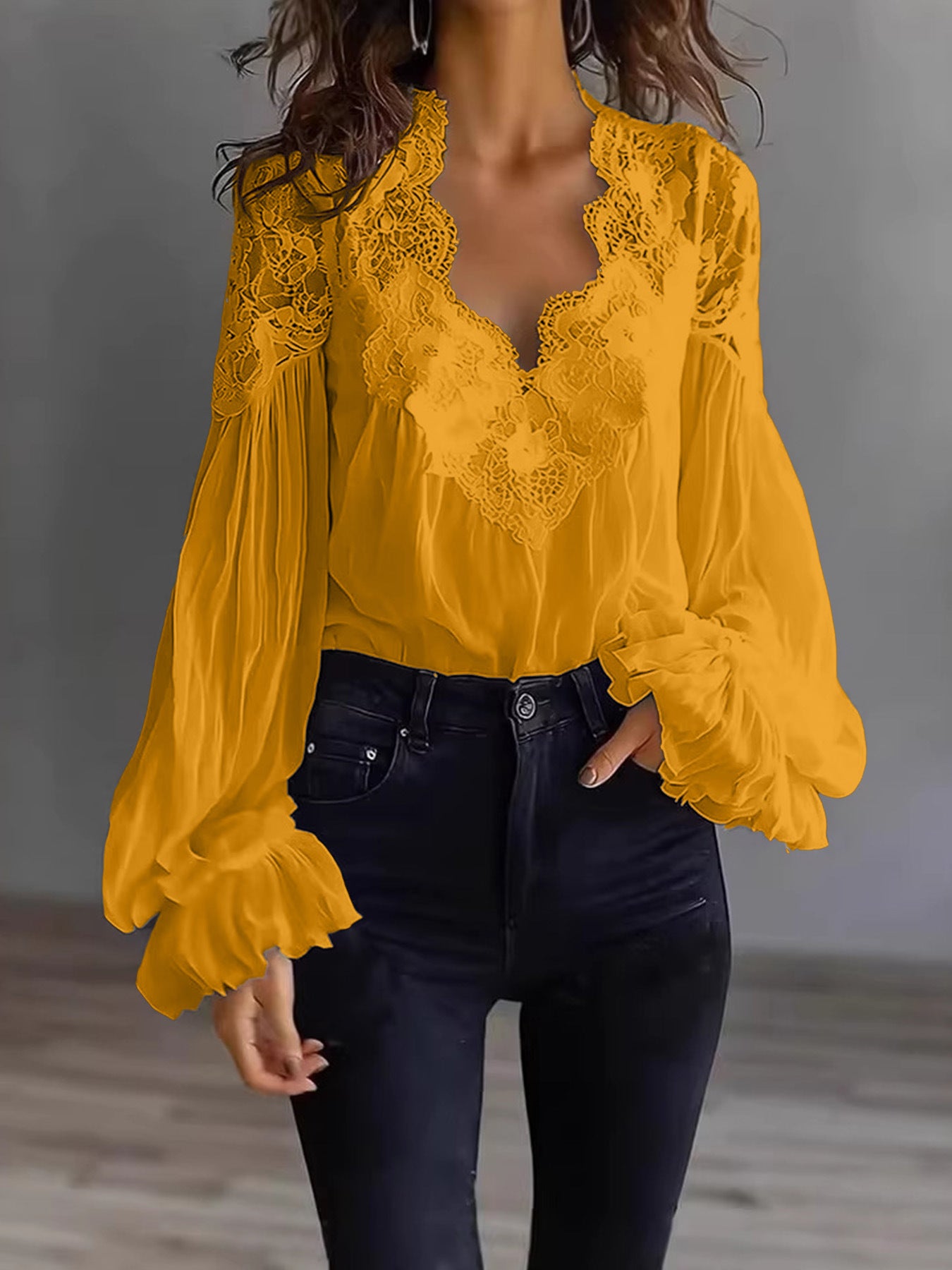 Lace Stitching Puff Sleeve Shirt