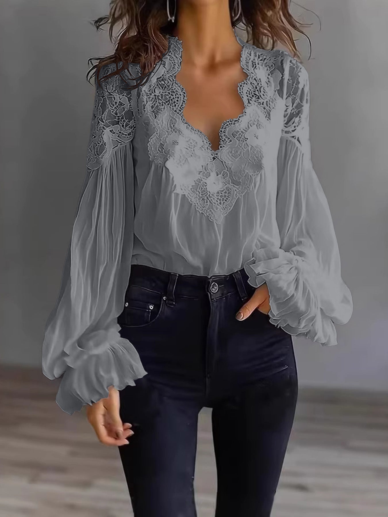 Lace Stitching Puff Sleeve Shirt
