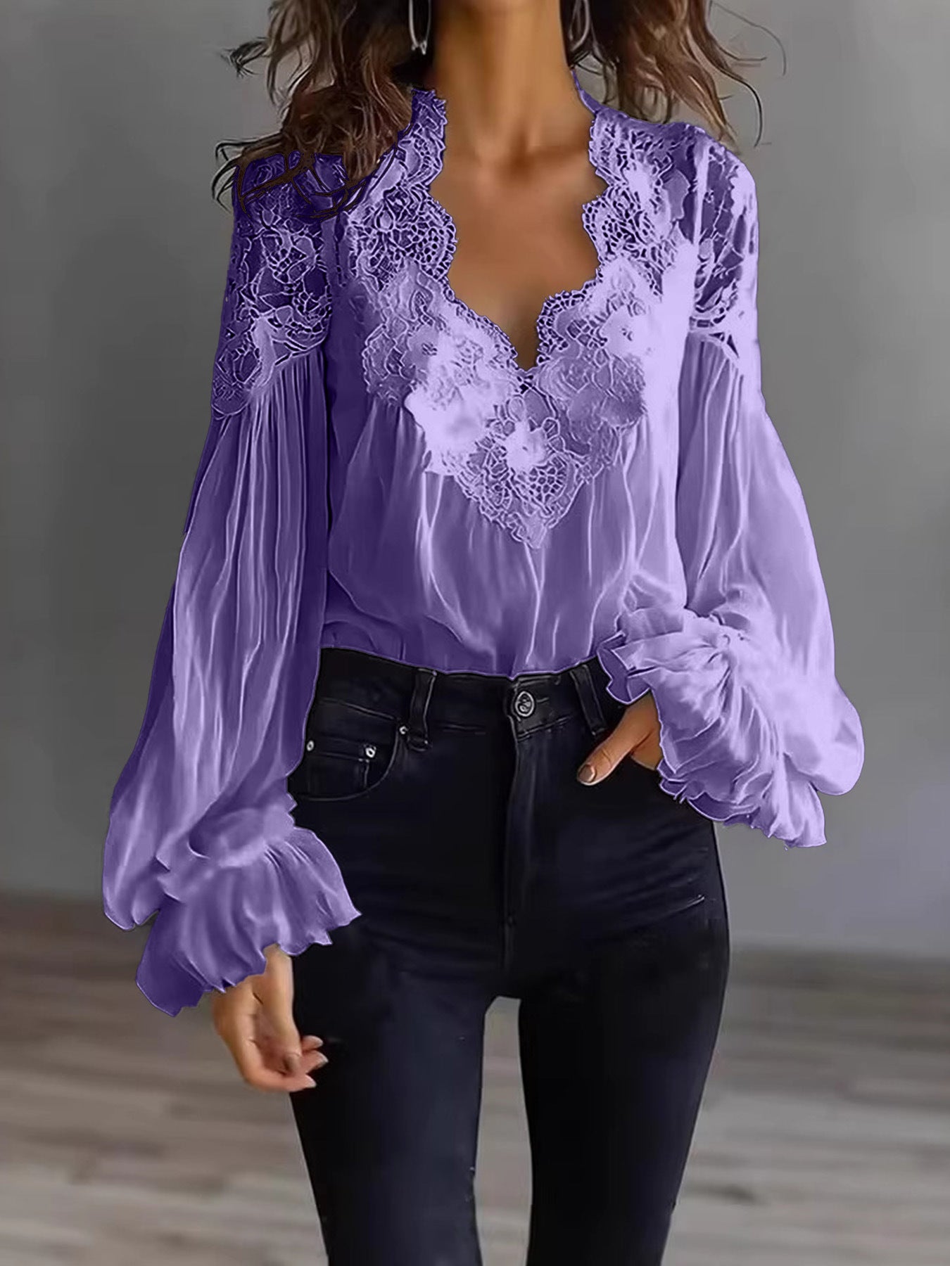 Lace Stitching Puff Sleeve Shirt