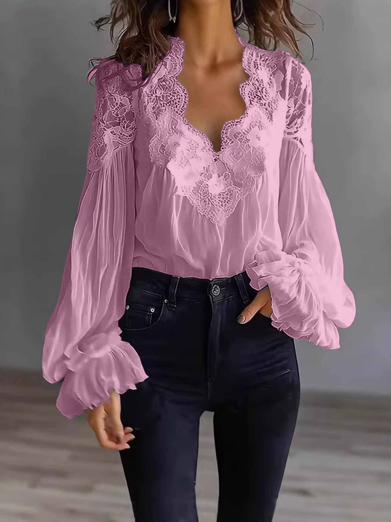 Lace Stitching Puff Sleeve Shirt