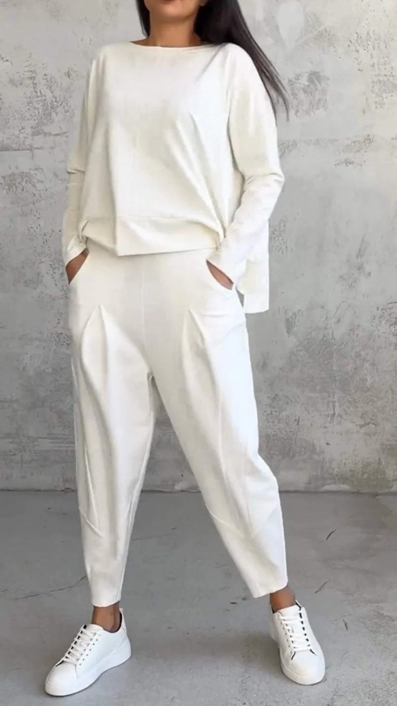 Solid Color Crewneck Long Sleeve Suit