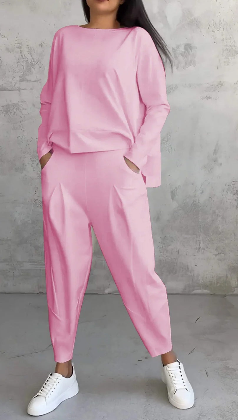 Solid Color Crewneck Long Sleeve Suit