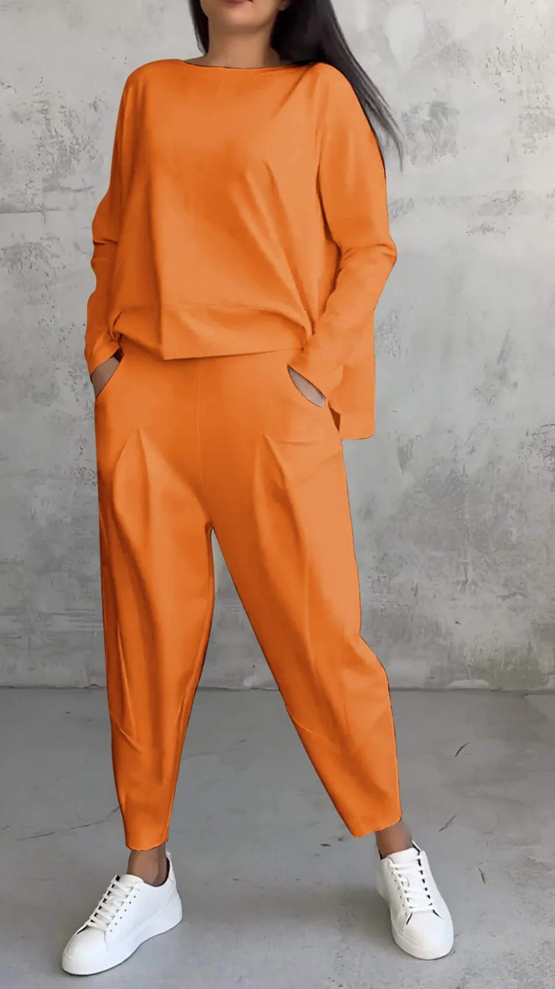 Solid Color Crewneck Long Sleeve Suit