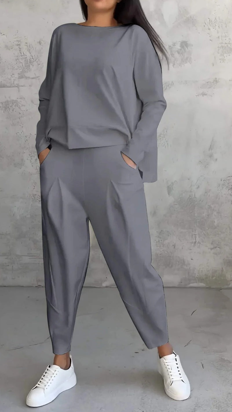 Solid Color Crewneck Long Sleeve Suit
