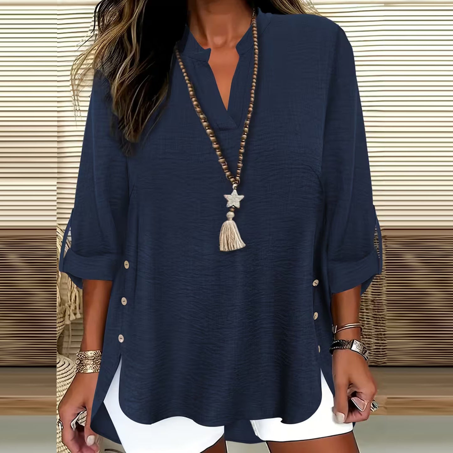 Button-Up Seven-Sleeve Top
