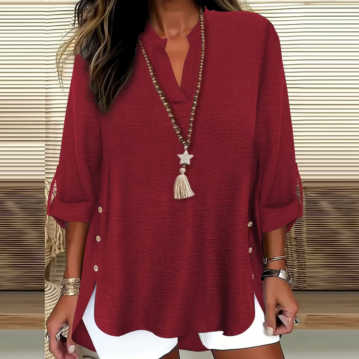 Button-Up Seven-Sleeve Top