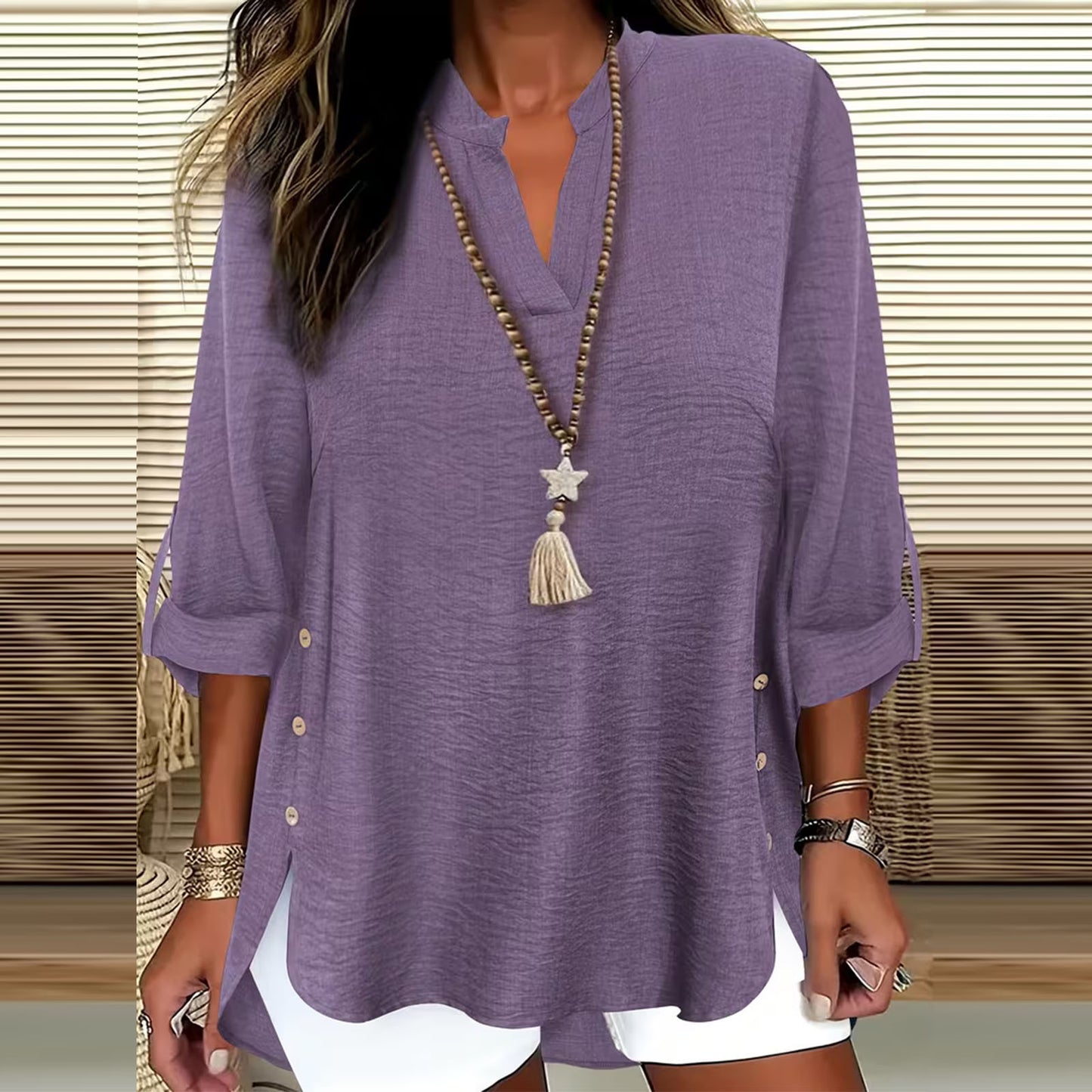 Button-Up Seven-Sleeve Top