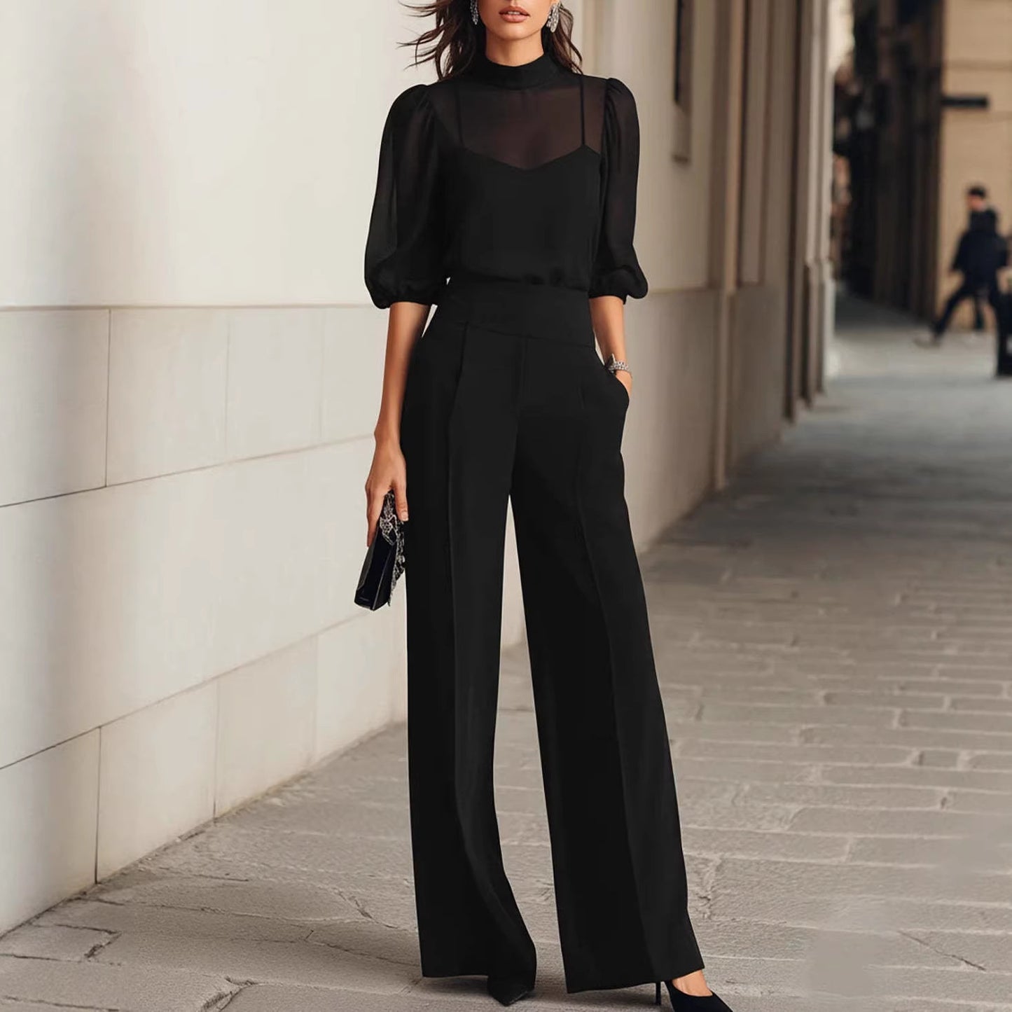 Slim-Fit Short-Sleeved Wide-Leg Suit